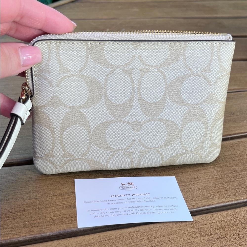 Coach Beige Signature Canvas Wristlet with White Leather Trim - Picture 6 of 11
